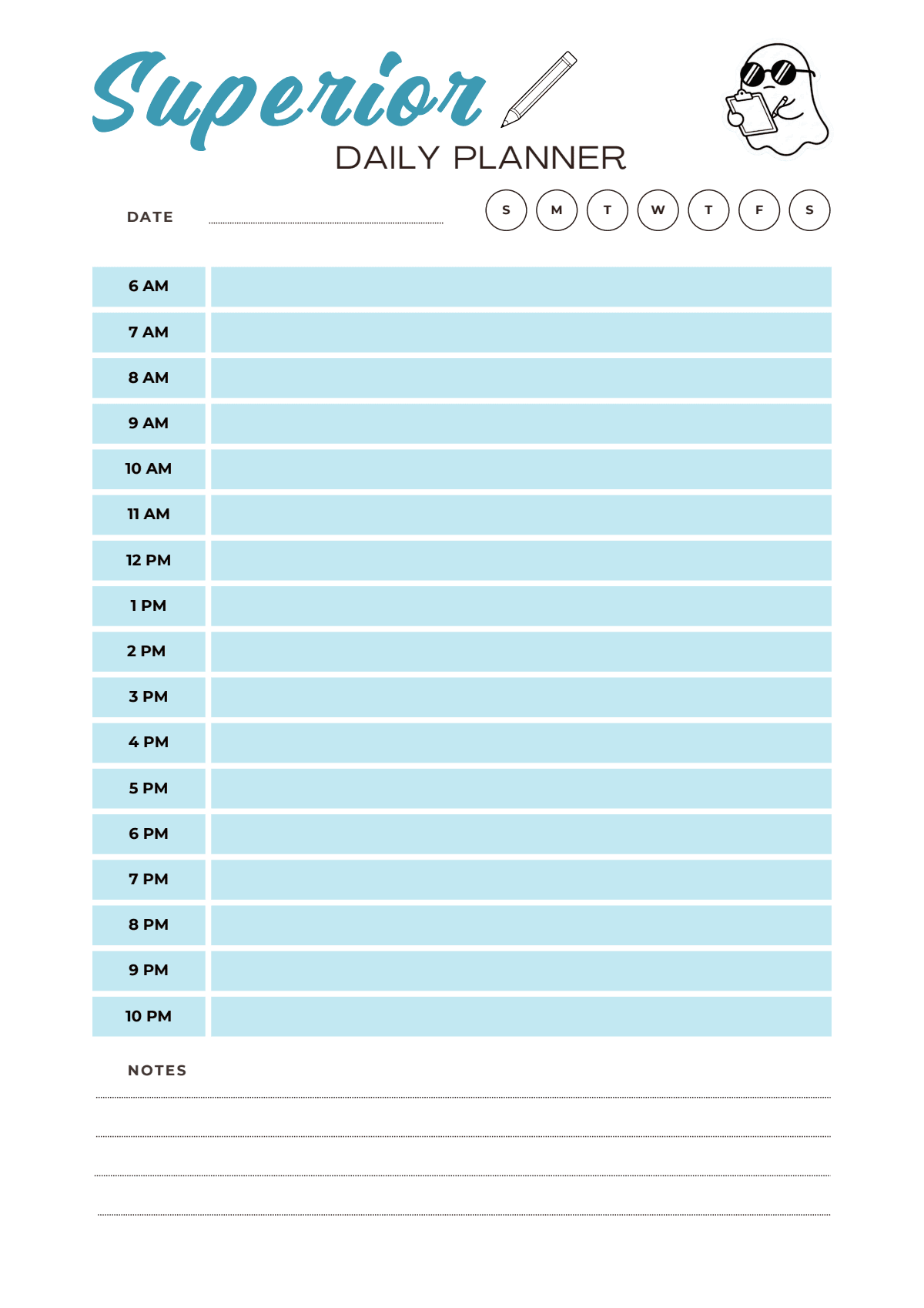 The schedule, in sky — free printable daily planner page with an hourly schedule from 6am to 10pm