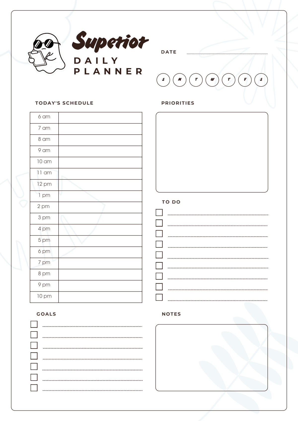 The full day — free printable daily planner page with an hourly schedule from 6am to 10pm